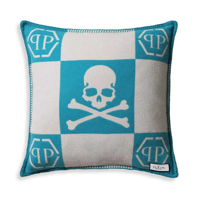 Подушка Philipp Plein Cushion Cashmere Skull 45 x 45 Голубой Белый в Саратове | Loft Concept 