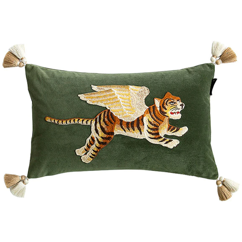 Декоративная подушка с вышивкой Стиль Gucci Winged Tiger Cushion Зеленый Оранжевый Золотой в Саратове | Loft Concept 