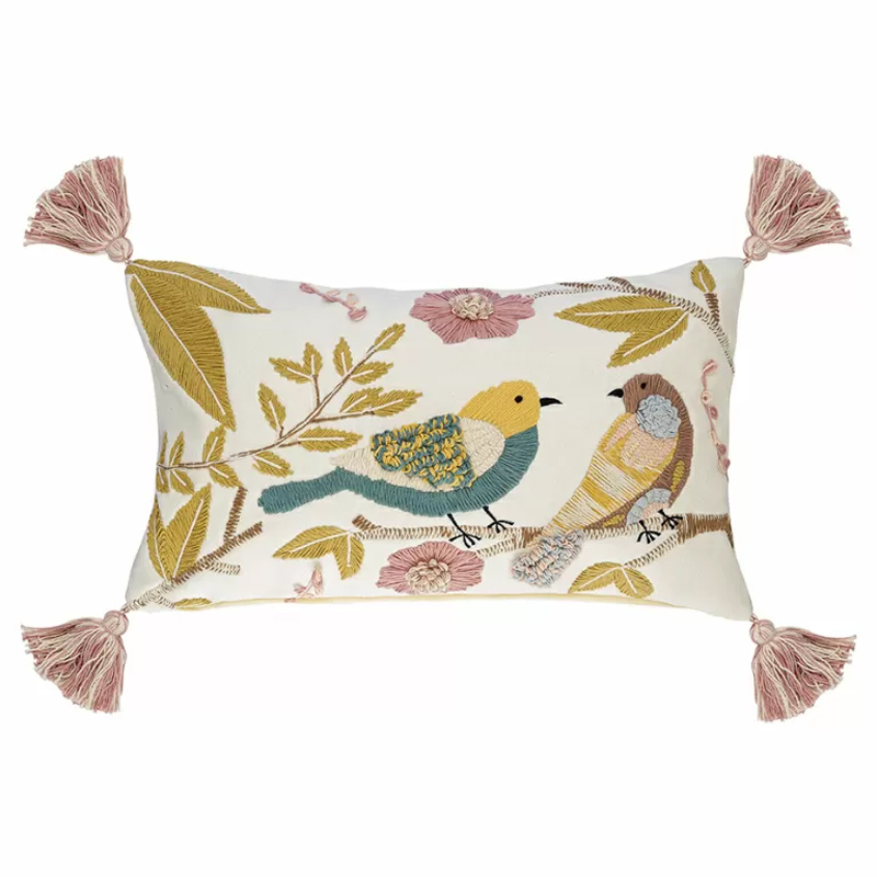 Чехол на подушку с кисточками и вышивкой птиц Ethnic mix Birds Rect Мульти в Саратове | Loft Concept 