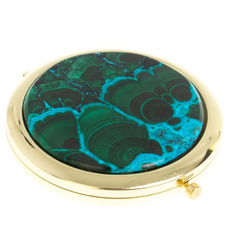 Зеркало карманное складное круглое из натурального камня Малахит с Хризоколлой в подарочной упаковке Gold Stone Mirrors Малахит Золотой в Саратове | Loft Concept 