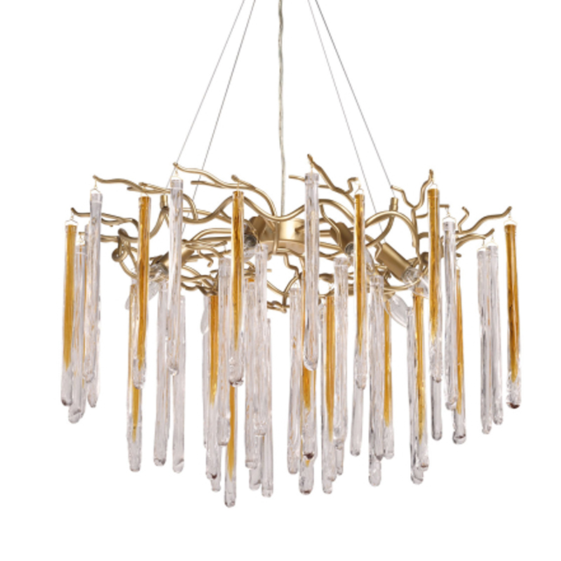 Люстра подвесная золотого цвета с разветвленными ветвями и прозрачными стеклянными подвесками Droplet Chandelier Золотой Прозрачный в Саратове | Loft Concept 