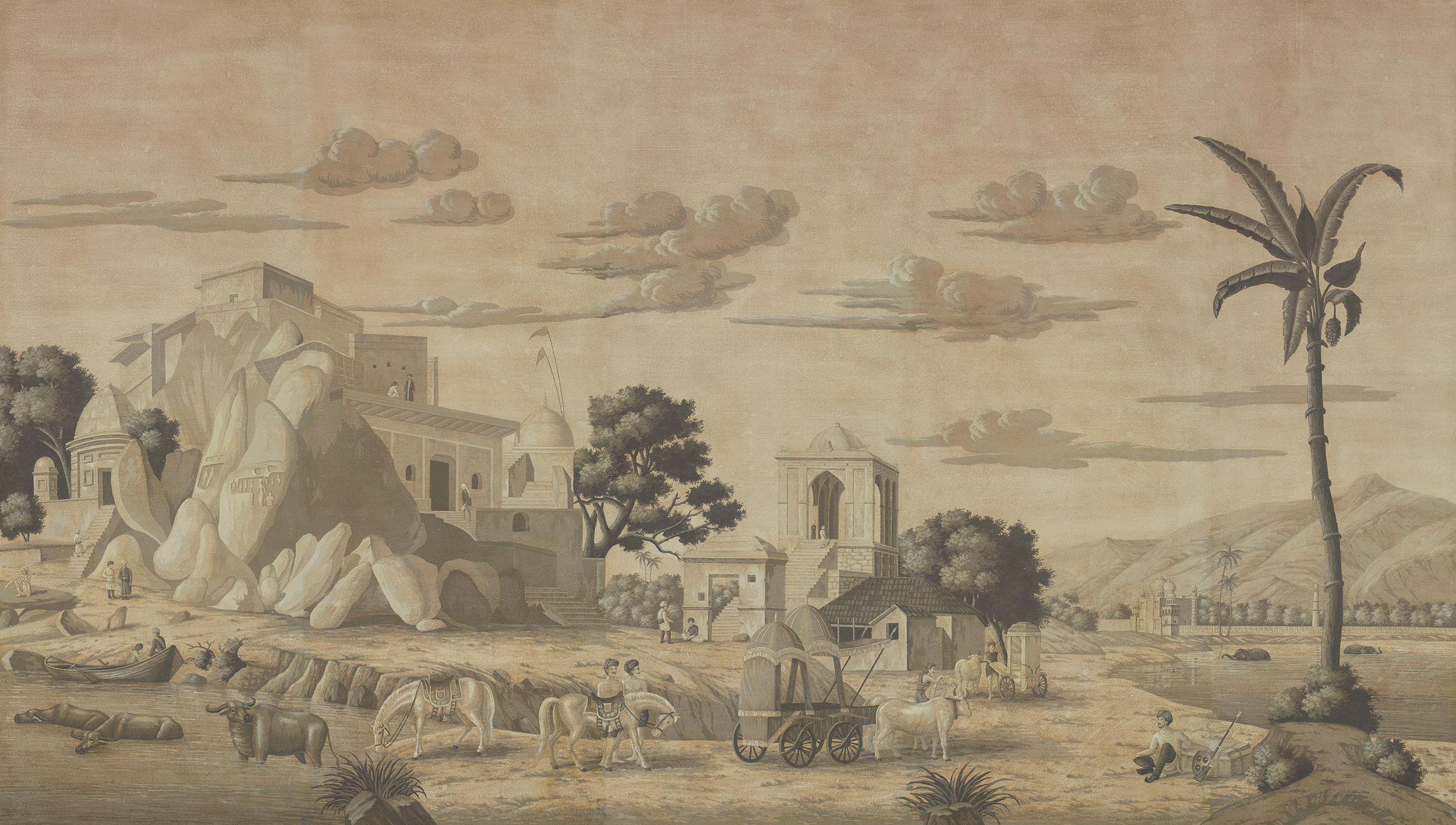 Обои ручная роспись Early Views of India Eau Forte on antique scenic Xuan paper Обои ручная роспись Early Views of India Eau Forte on antique scenic Xuan paper - постер Loft-Concept в Саратове
