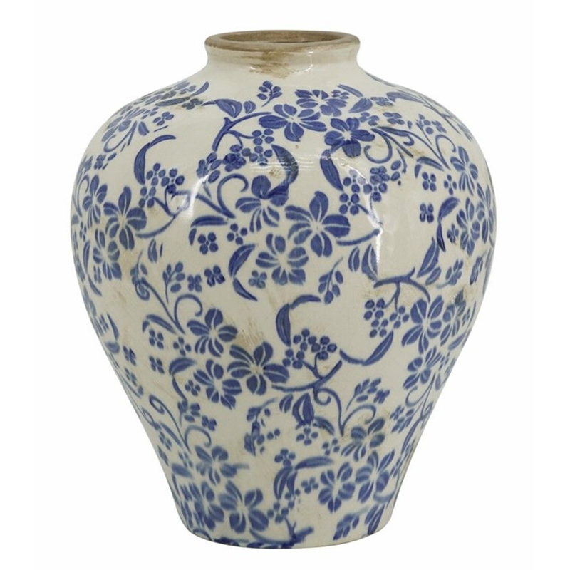 Ваза округлой формы с синим цветочным узором Blue & White Ornament Белый Синий Ваза округлой формы с синим цветочным узором Blue & White Ornament Белый Синий в Саратове | Loft Concept