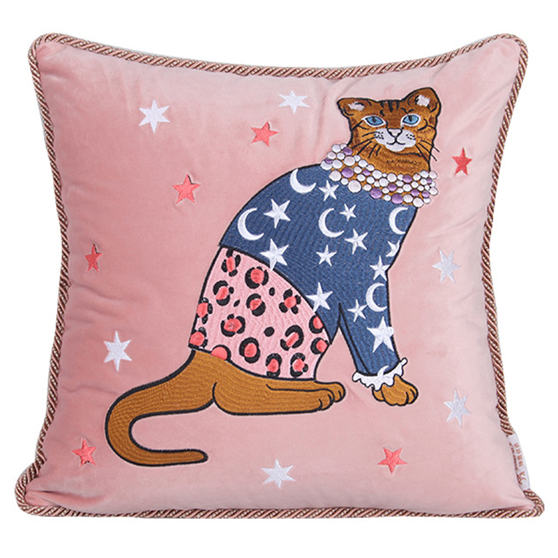 Декоративная подушка с вышивкой Magic Cat Embroidery Cushion Розовый Синий Оранжевый Мульти в Саратове | Loft Concept 