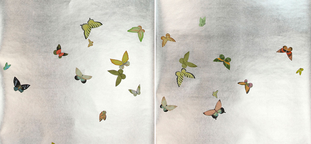 Обои ручная роспись Butterflies Emerald on Tarnished Silver gilded paper - фото
