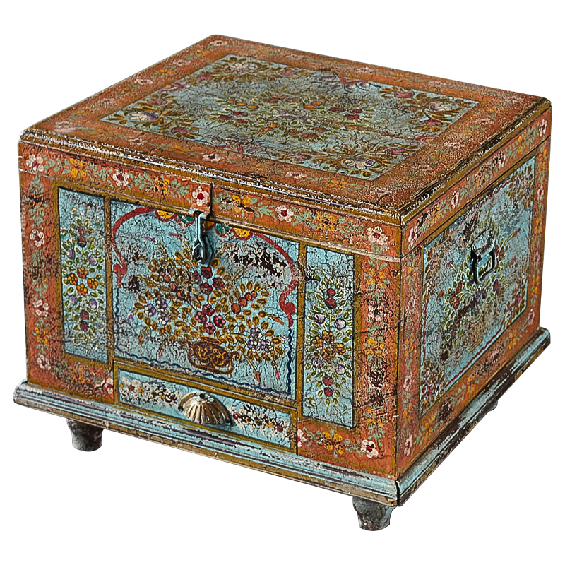 Сундук ручная роспись Harsh Antique Indian Painted Chest Мульти Бирюзовый Оранжевый в Саратове | Loft Concept 