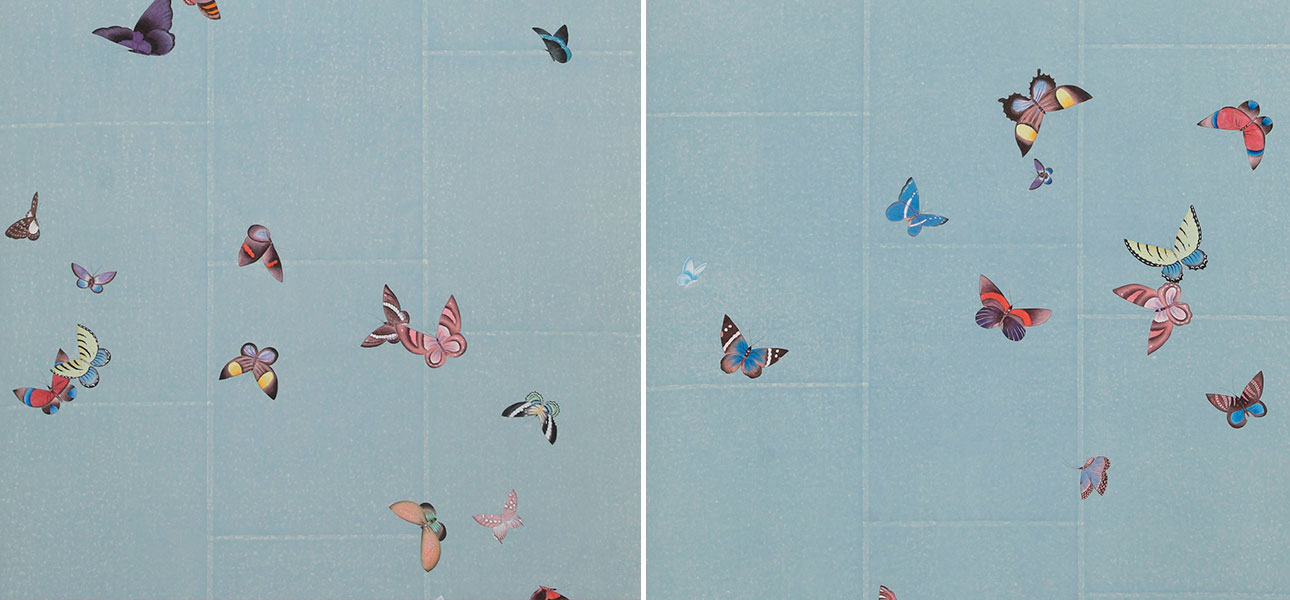 Обои ручная роспись Butterflies Icarus on Azure India tea paper - фото