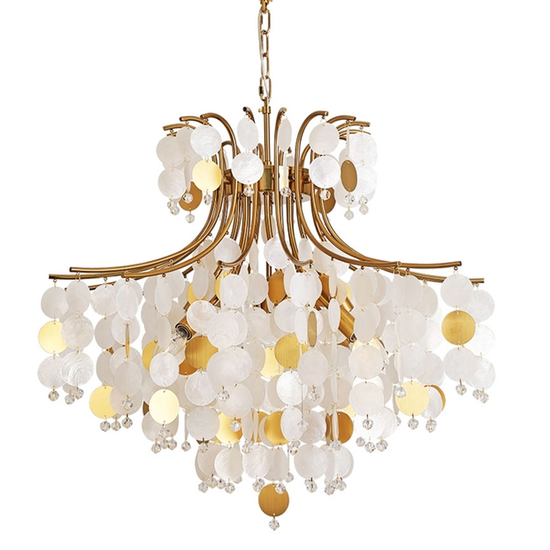 Люстра подвесная с белыми и золотыми круглыми подвесками Диаметр 70 см SHELL Chandelier Перламутровый Бронза Люстра подвесная с белыми и золотыми круглыми подвесками Диаметр 70 см SHELL Chandelier Перламутровый Бронза в Саратове | Loft Concept