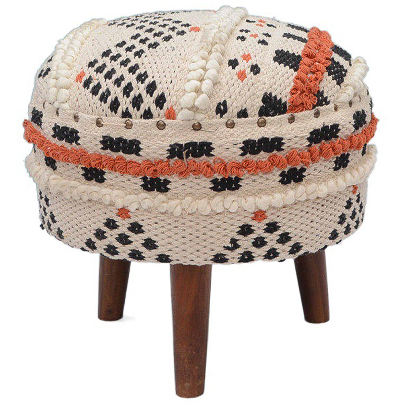 Пуф India Multicolor Ornament Wood Pouf II Белый Черный Коричневый Оранжевый в Саратове | Loft Concept 