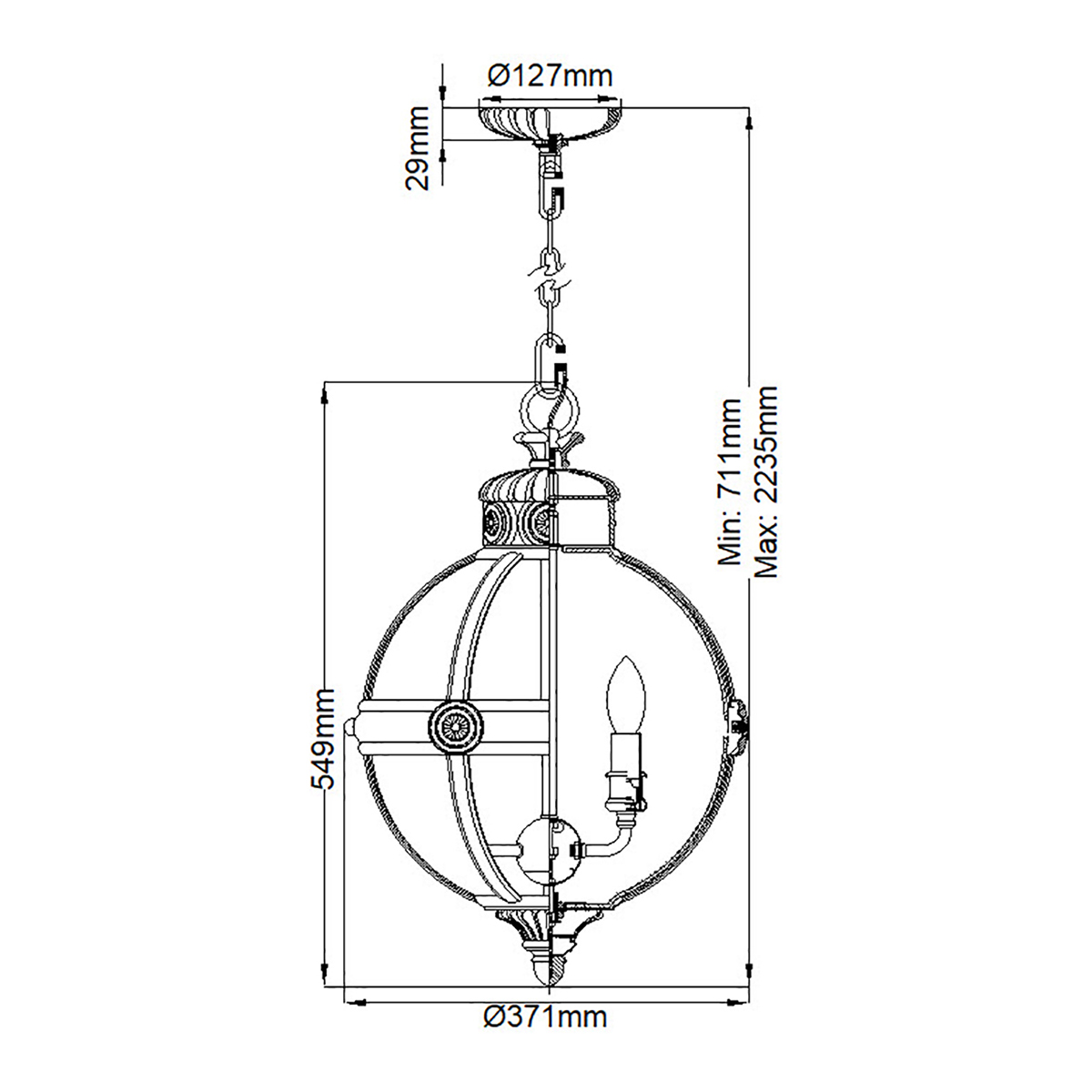 Подвесной светильник с прозрачным стеклянным плафоном в форме шара цвета никеля в индустриальном стиле на цепи 3 лампы Feiss в Саратове