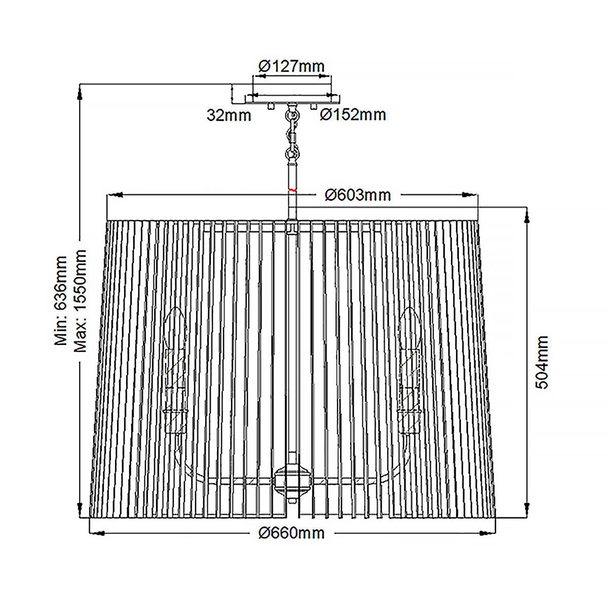 Люстра цвета латунь с 6-ю лампами свечами внутри цилиндрического абажура из черных металлических реек Kichler в Саратове