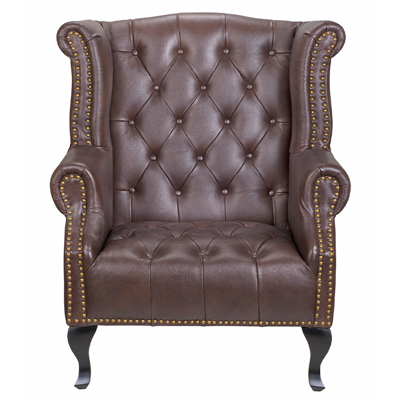 Кресло из натуральной кожи на 4-х деревянных ножках из массива бука Thomas Armchair brown Коричневый Черный в Саратове | Loft Concept 