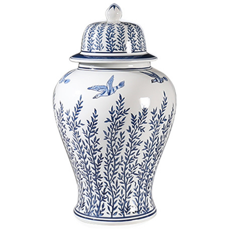 Ваза с крышкой Oriental Blue & White Flying Birds Vase Белый Синий в Саратове | Loft Concept 