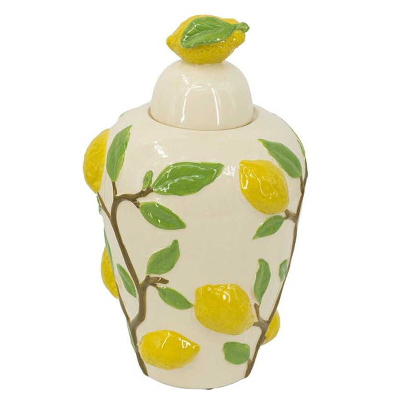 Ваза с крышкой кремового цвета и объемным рисунком лимонов и листьев Lemon Delight Кремовый Желтый Коричневый Зеленый Ваза с крышкой кремового цвета и объемным рисунком лимонов и листьев Lemon Delight Кремовый Желтый Коричневый Зеленый в Саратове | Loft Concept