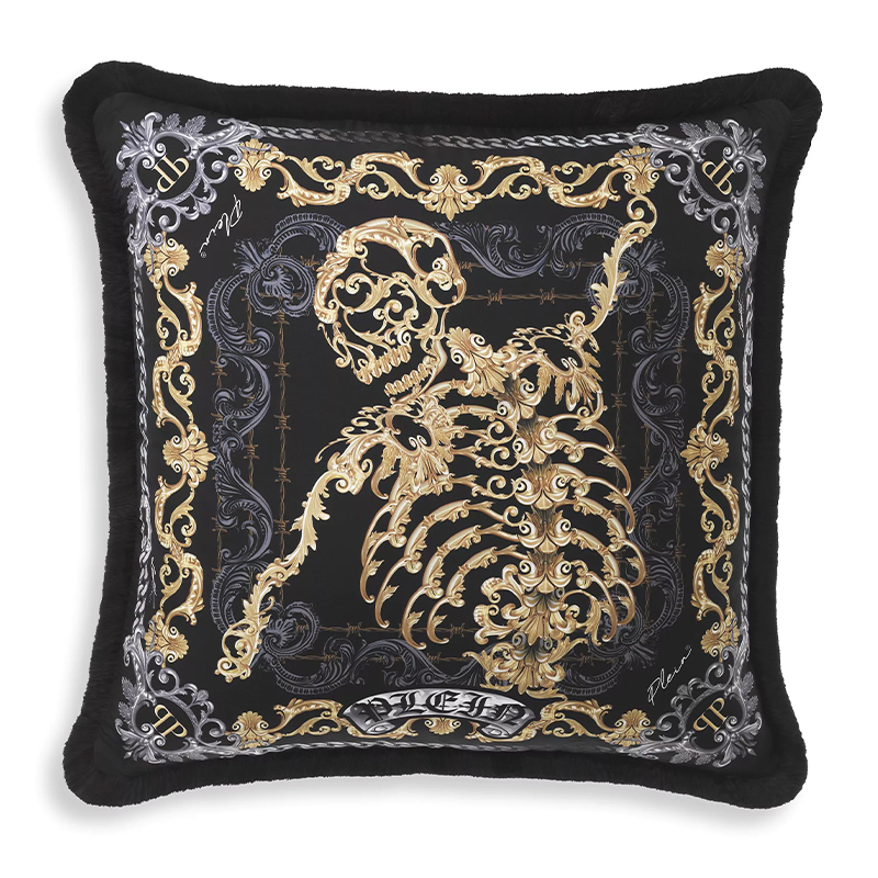 Подушка Philipp Plein Cushion Silk Skeleton 50 x 50 cm Черный Серый Золотой в Саратове | Loft Concept 