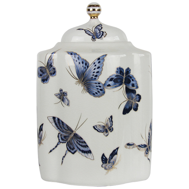 Ваза с крышкой Porcelain Butterfly Blue and Gold Vase Белый Синий Золотой в Саратове | Loft Concept 