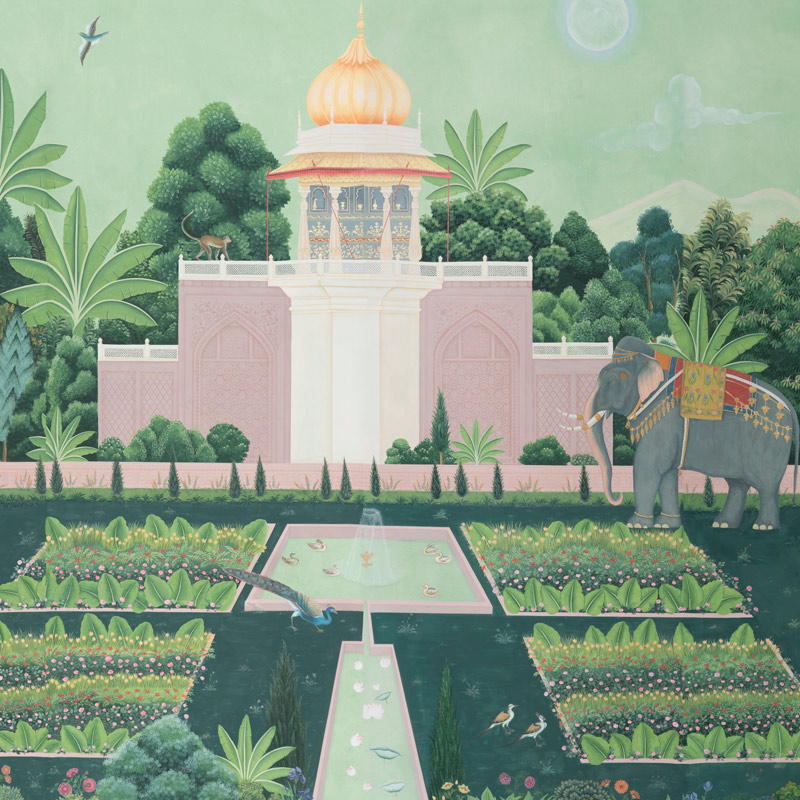 Обои ручная роспись Mahal Garden Original colourway on blue painted Xuan paper Обои ручная роспись Mahal Garden Original colourway on blue painted Xuan paper в Саратове | Loft Concept