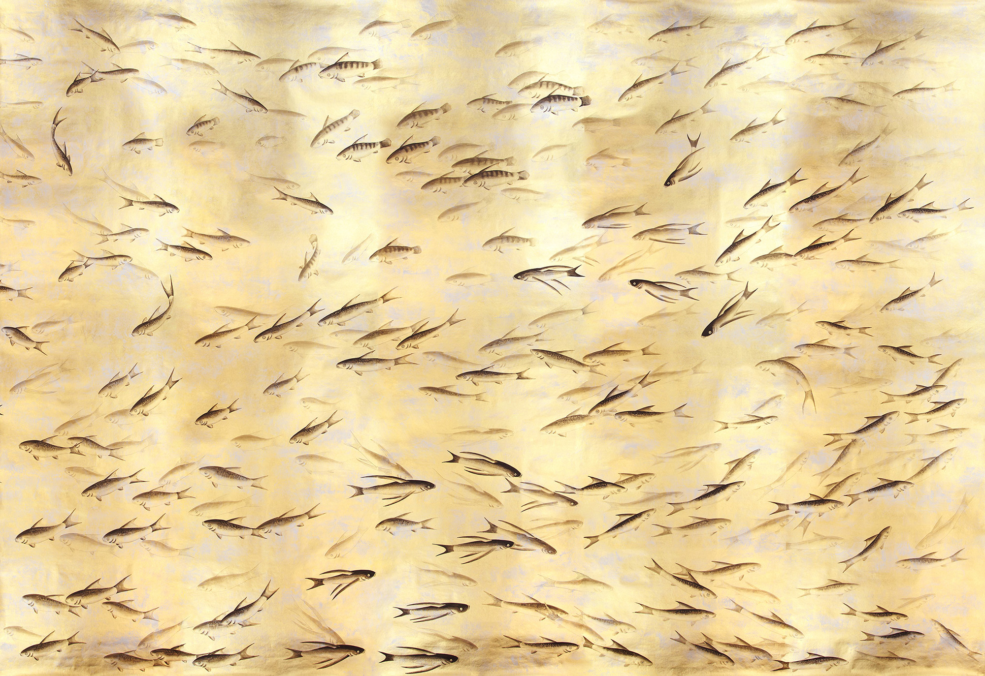 Обои ручная роспись Fishes Original colourway on Deep Rich Gold gilded paper with d?sargenter pearlescent antiquing Обои ручная роспись Fishes Original colourway on Deep Rich Gold gilded paper with d?sargenter pearlescent antiquing - постер Loft-Concept в Саратове