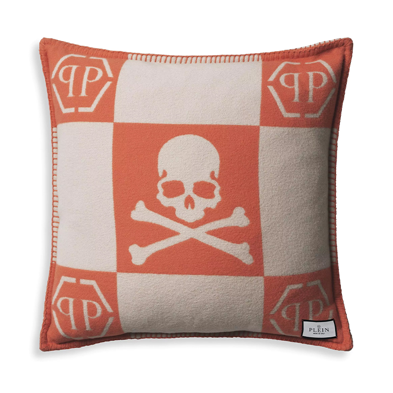 Подушка Philipp Plein Cushion Cashmere Skull 45 x 45 Orange Оранжевый Белый в Саратове | Loft Concept 