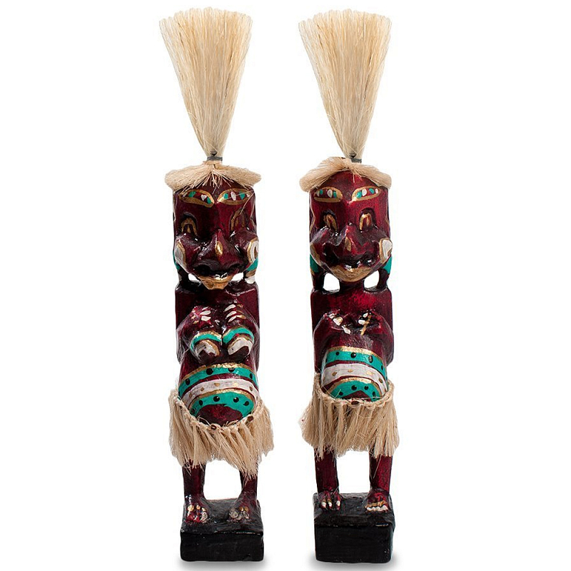 Комплект из 2-х деревянных статуэток Asmat Straw Headdress Statuettes Red Turquoise Tattoo Красный Бежевый Бирюзовый Белый в Саратове | Loft Concept 