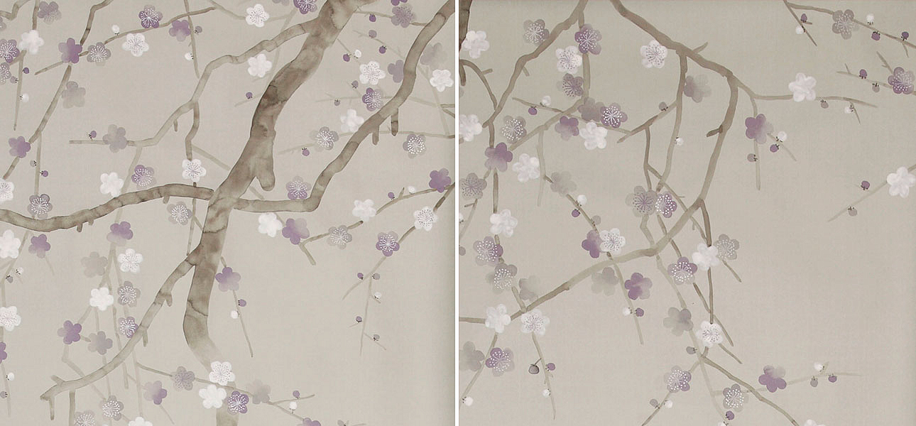 Обои ручная роспись Plum Blossom Special Colourway on Oyster Shell metallic silk Обои ручная роспись Plum Blossom Special Colourway on Oyster Shell metallic silk - Loft-Concept в Саратове