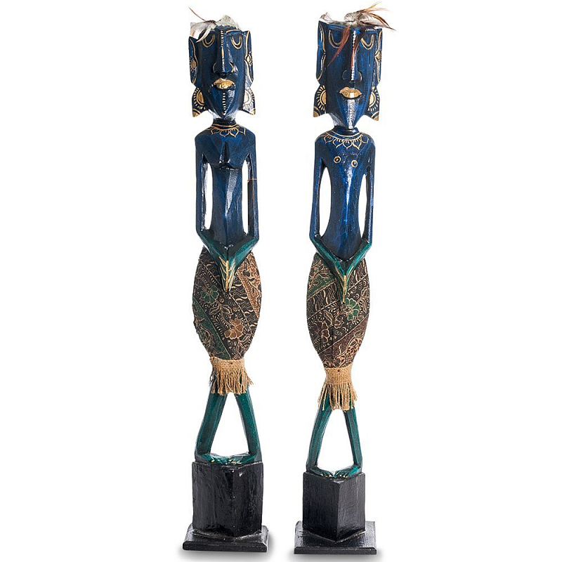 Комплект из 2-х деревянных статуэток Asmat Tall Statuettes Blue Green Синий Зеленый Мульти Комплект из 2-х деревянных статуэток Asmat Tall Statuettes Blue Green Синий Зеленый Мульти в Саратове | Loft Concept