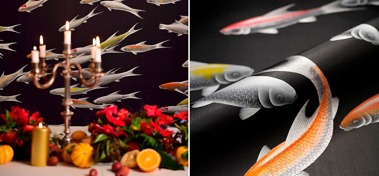 Обои ручная роспись Fishes Koi on Pitch dyed silk Обои ручная роспись Fishes Koi on Pitch dyed silk - Loft-Concept в Саратове