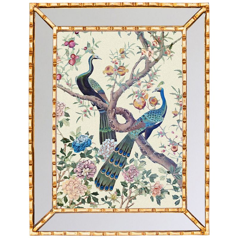 Постер в зеркальной раме в стиле шинуазри Chinoiserie Imperial Garden Peacocks on a Tree Poster Бежевый Бирюзовый Мульти Золотой Зеркало Постер в зеркальной раме в стиле шинуазри Chinoiserie Imperial Garden Peacocks on a Tree Poster Бежевый Бирюзовый Мульти Золотой Зеркало в Саратове | Loft Concept