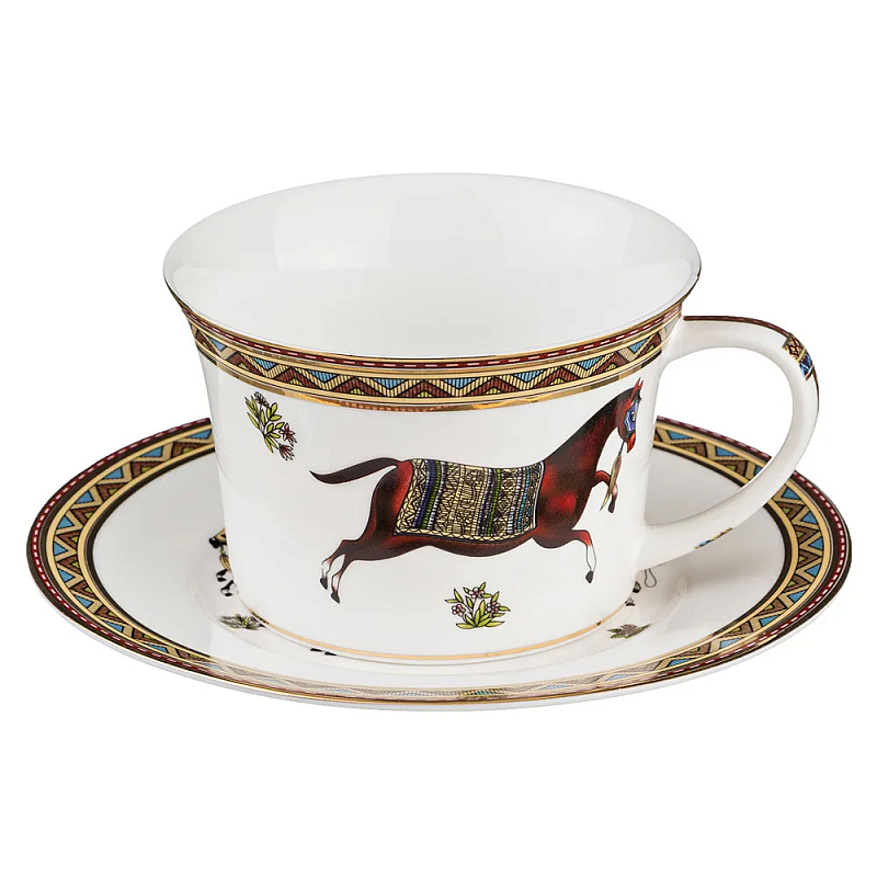 Чайная пара из фарфора с изображением лошади 250 мл Porcelain Horse Set  Белый Мульти в Саратове | Loft Concept 