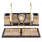 Настольный письменный набор из бежевого мрамора с часами и гербом Marble Accessory варинант исполнения - 1 | Loft Concept в Саратове