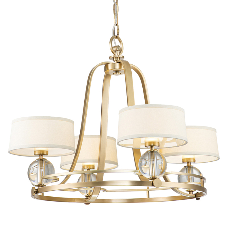 Люстра цвета латунь с 4-мя тканевыми абажурами и стеклянными шарами Quoizel Латунь Прозрачное Стекло Бежевый в Саратове | Loft Concept 