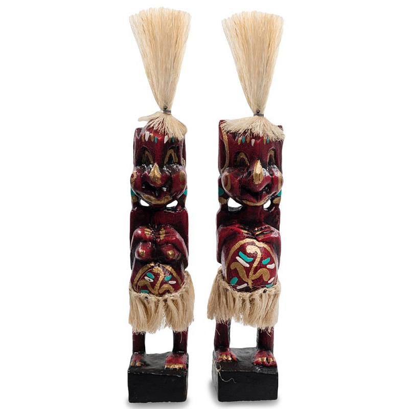 Комплект из 2-х деревянных статуэток Asmat Straw Headdress Statuettes Red Tattoo Красный Бежевый Золотой Мульти Комплект из 2-х деревянных статуэток Asmat Straw Headdress Statuettes Red Tattoo Красный Бежевый Золотой Мульти в Саратове | Loft Concept