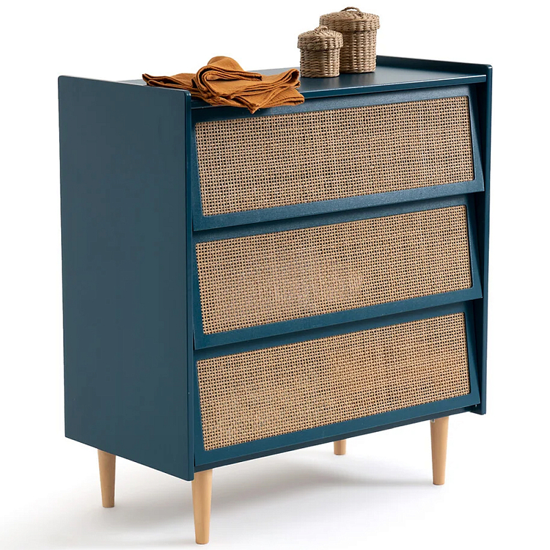 Комод с 3-мя ящиками из ротанга Blais Deep Blue Wicker Furniture Темно-синий Древесина в Саратове | Loft Concept 