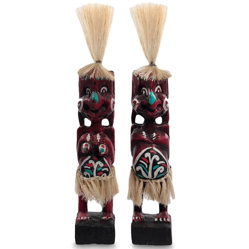 Комплект из 2-х деревянных статуэток Asmat Straw Headdress Statuettes Red Turquoise Красный Бежевый Бирюзовый Белый Мульти в Саратове | Loft Concept 