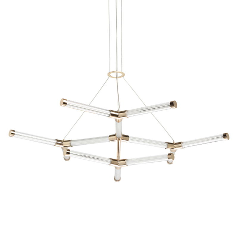 Люстра с геометрической конструкцией из вытянутых цилиндрических плафонов Hex Scaffold  Белый Золотой в Саратове | Loft Concept 