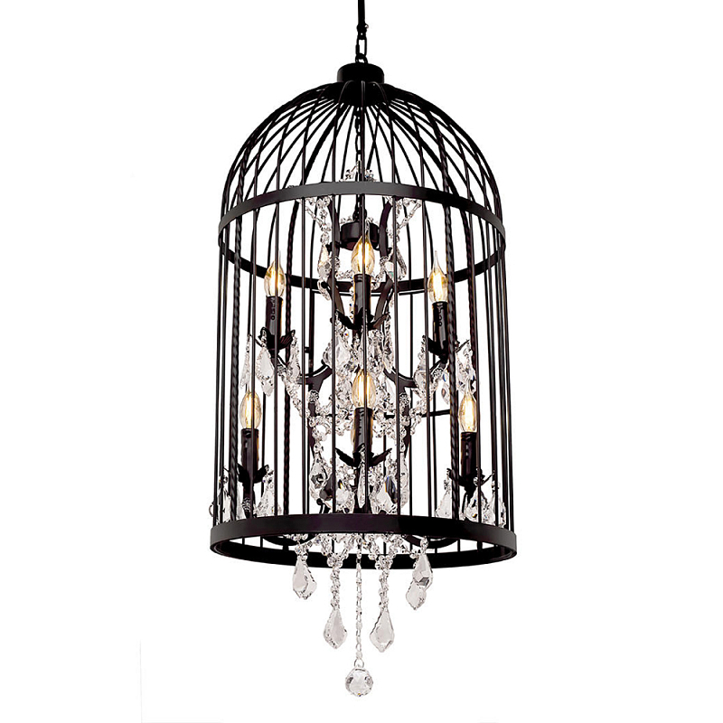 Люстра подвесная в виде клетки с подвесками BIRDCAGE CHANDELIER Черный Прозрачное Стекло Люстра подвесная в виде клетки с подвесками BIRDCAGE CHANDELIER Черный Прозрачное Стекло в Саратове | Loft Concept
