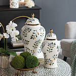 Ваза белая с крышкой с рисунком зеленых и золотых листьев 48 см Chinoiserie Ceramics варинант исполнения - 4 | Loft Concept в Саратове