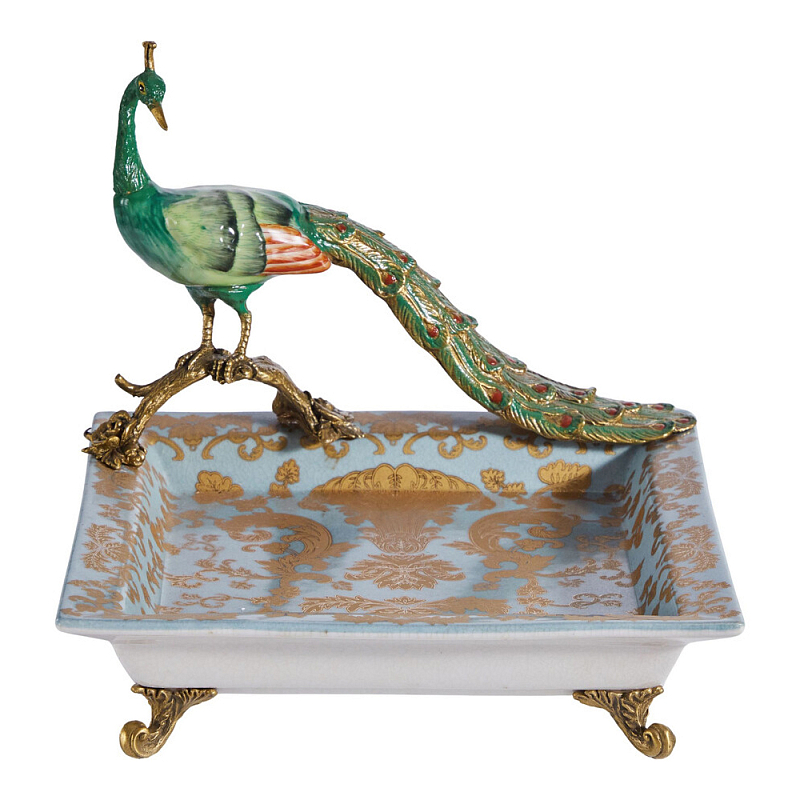 Блюдо квадратное с павлином на бронзовых ножках Eden Garden Голубой Бронза Мульти в Саратове | Loft Concept 