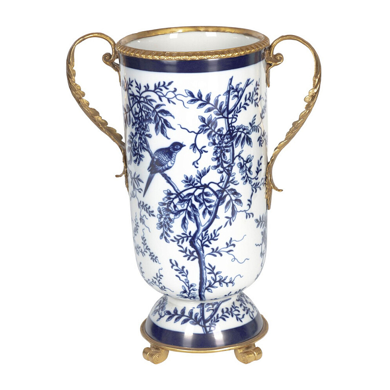 Ваза с бронзовыми ручками и синим цветочным узором Blue & White Ornament Синий Белый Бронза в Саратове | Loft Concept 
