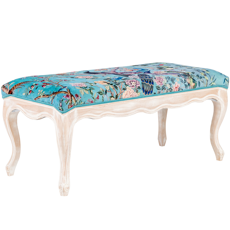 Банкетка из массива бука с цветочным принтом Turquoise Beige Chinoiserie Garden Banquette Бирюзовый Мульти Бежевый Банкетка из массива бука с цветочным принтом Turquoise Beige Chinoiserie Garden Banquette Бирюзовый Мульти Бежевый в Саратове | Loft Concept