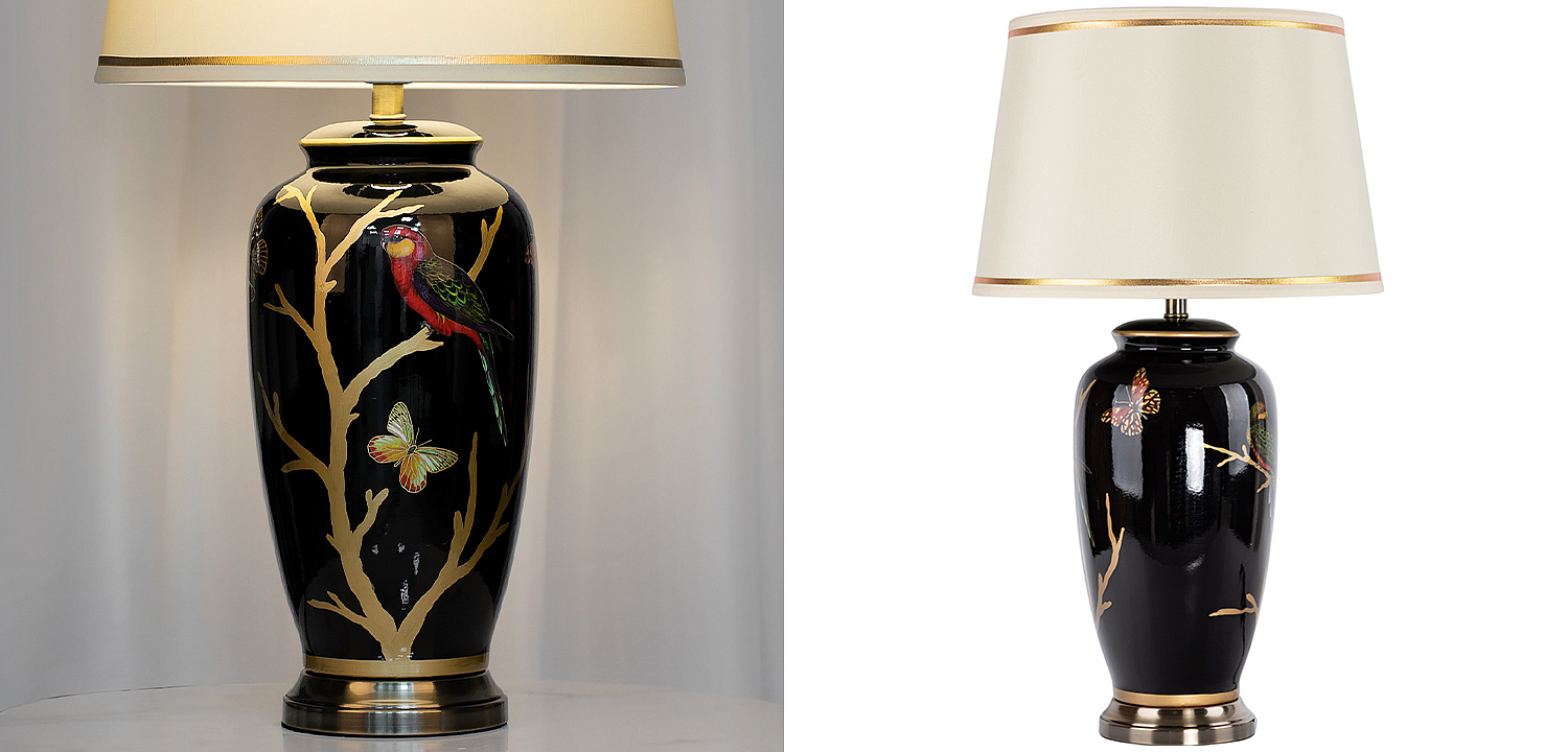 Настольная лампа с абажуром Bird on Golden Branches Black Lampshade Настольная лампа с абажуром Bird on Golden Branches Black Lampshade - Loft-Concept в Саратове