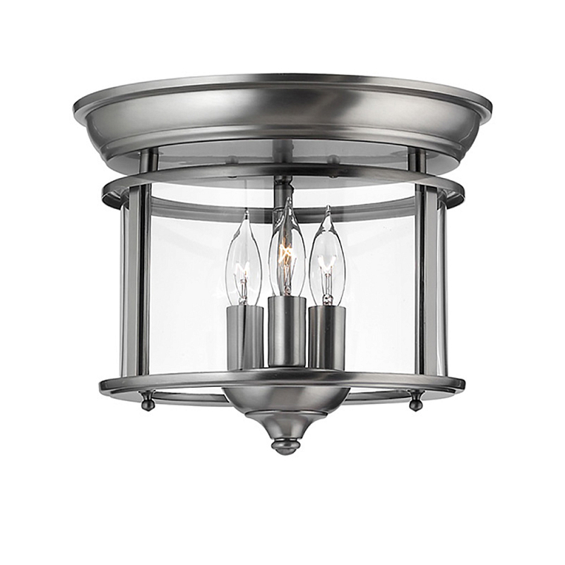 Потолочный светильник в форме фонаря с прозрачным цилиндрическим плафоном и тремя лампами в форме свечей Hinkley Латунь Прозрачное Стекло Олово в Саратове | Loft Concept 