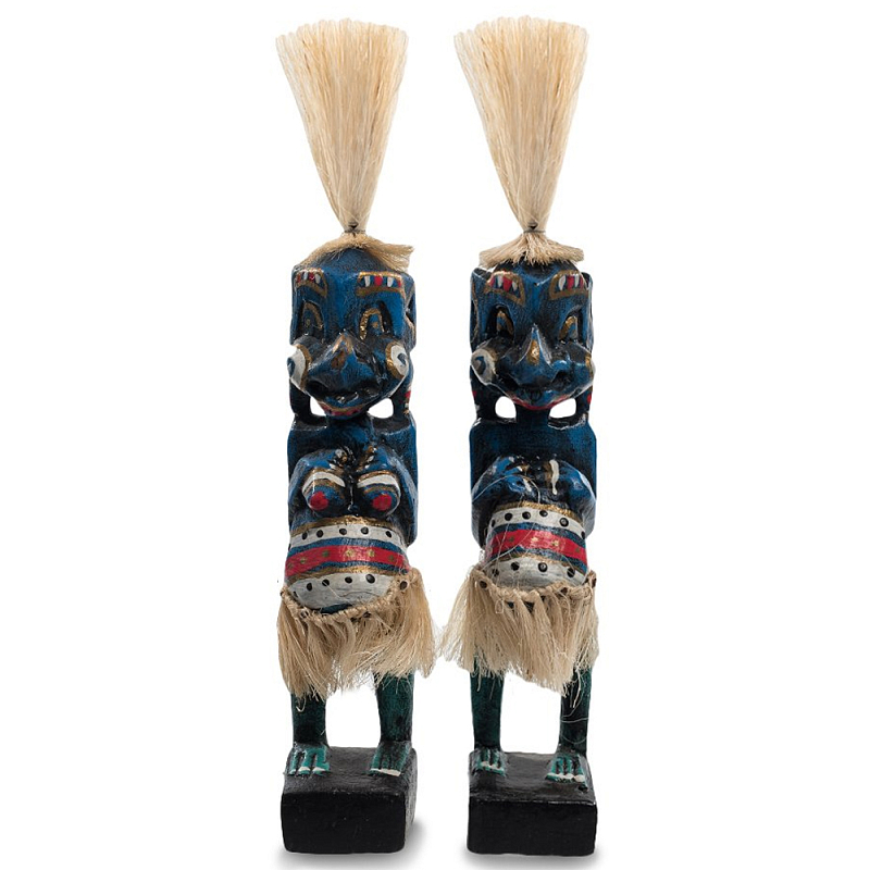 Комплект из 2-х деревянных статуэток Asmat Straw Headdress Statuettes Blue Colorful Tattoo Синий Черный Бежевый Красный Бирюзовый Мульти в Саратове | Loft Concept 