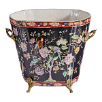 Кашпо из фарфора черная с цветочной росписью и бронзовой стрекозой Spring Garden варинант исполнения - 1 | Loft Concept в Саратове