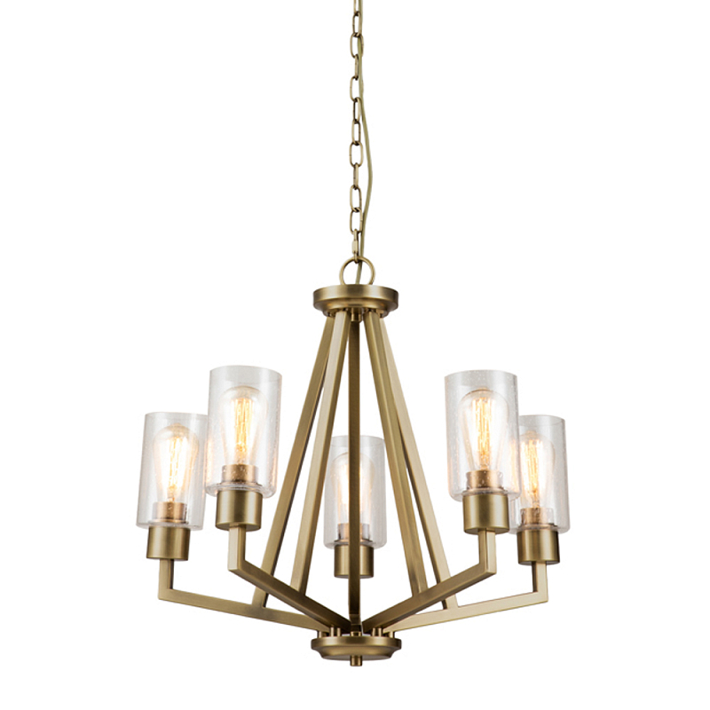 Люстра цвета латунь с 5-ю цилиндрическими плафонами из прозрачного пузырчатого стекла Kichler Латунь Прозрачное Стекло в Саратове | Loft Concept 