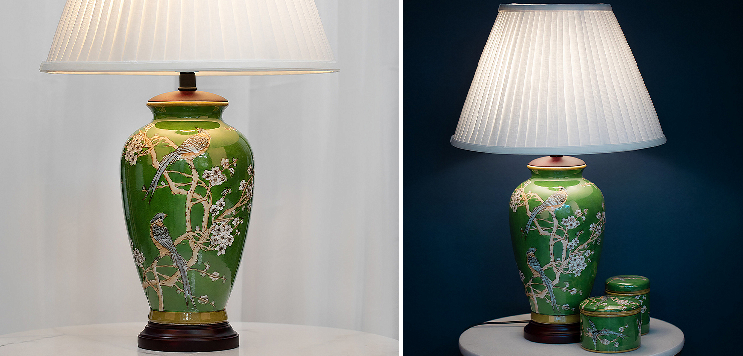 Настольная лампа с абажуром Birds Green Chinoiserie Lampshade Настольная лампа с абажуром Birds Green Chinoiserie Lampshade - Loft-Concept в Саратове