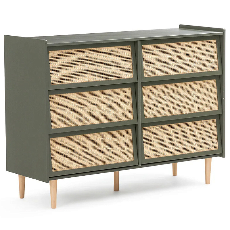 Комод с 6-ю ящиками из плетеного ротанга Remi Green Wicker Furniture Зеленый Древесина Бежевый Комод с 6-ю ящиками из плетеного ротанга Remi Green Wicker Furniture Зеленый Древесина Бежевый в Саратове | Loft Concept