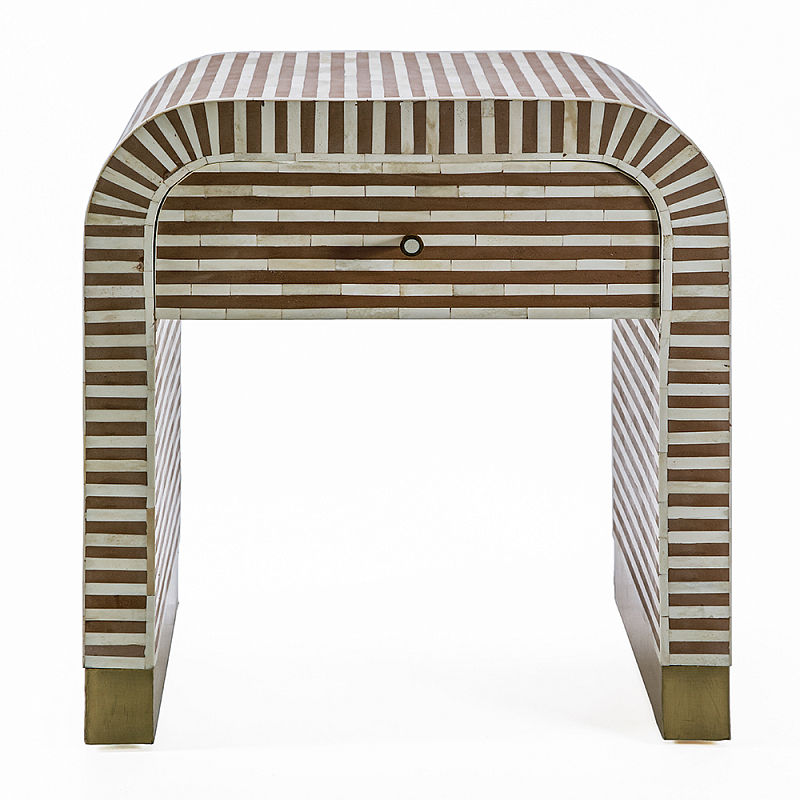 Тумбочка прикроватная с ящиком Tofino Stripes Bone Inlay Bedside Beige ivory ( слоновая кость ) Коричневый Золотой в Саратове | Loft Concept 