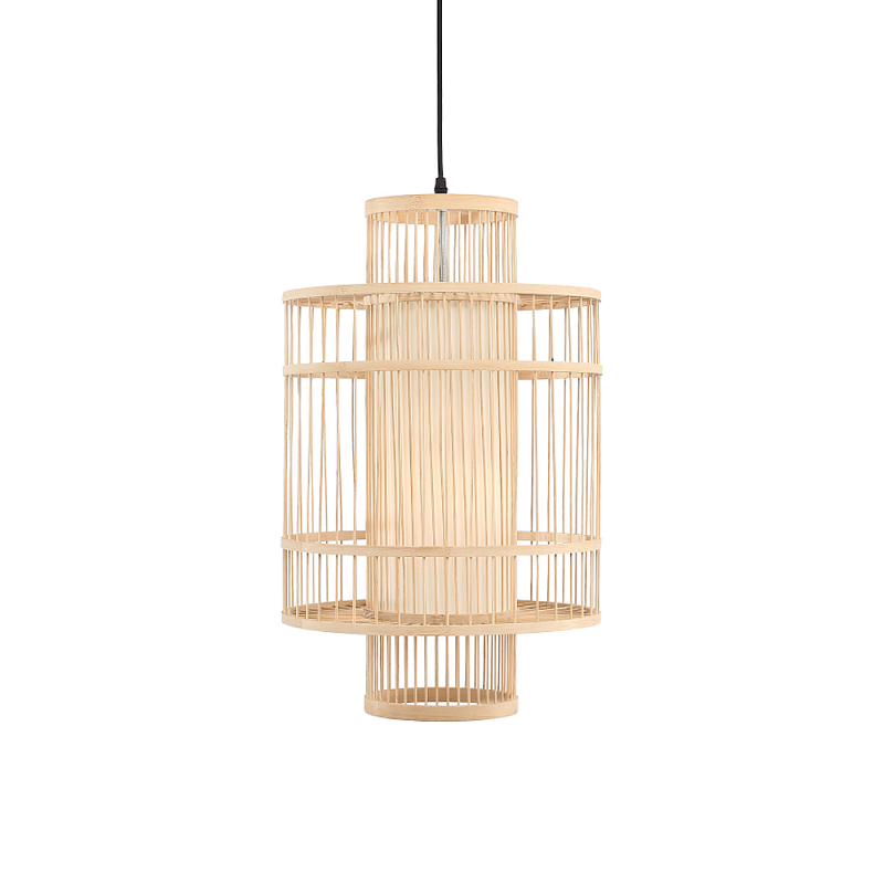 Подвесной светильник из деревянных прутьев с плафоном из натуральной ткани Light Inside the Cell Древесина в Саратове | Loft Concept 