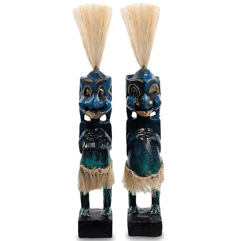 Комплект из 2-х деревянных статуэток Asmat Straw Headdress Statuettes Blue Синий Бирюзовый Бежевый в Саратове | Loft Concept 